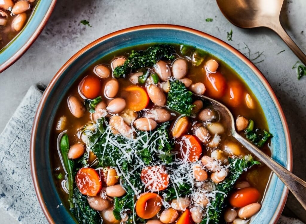 White Bean Soup with northern beans, parmesan cheese, kale